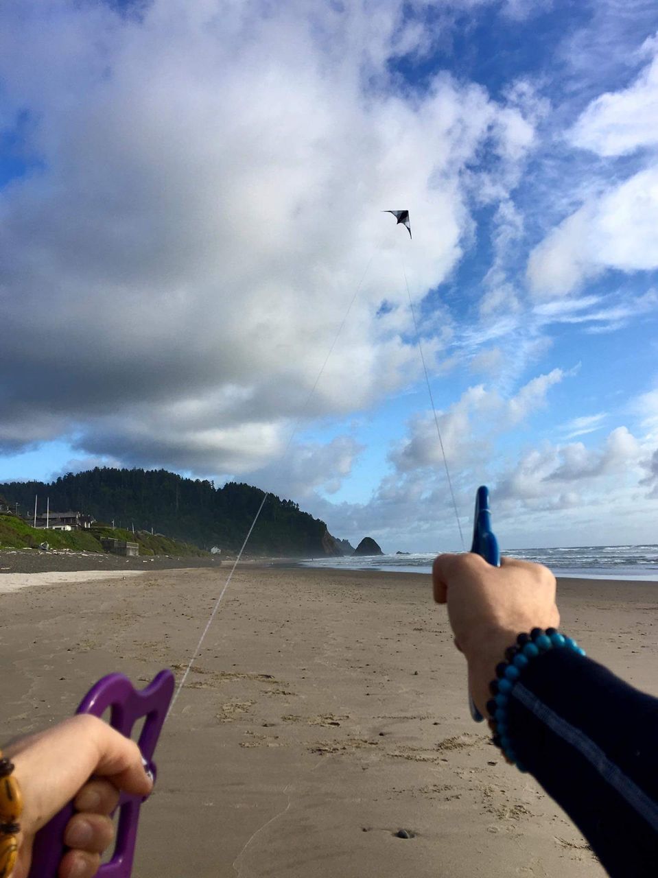 human hand, human body part, real people, personal perspective, flying, human finger, cloud - sky, holding, sky, sand, leisure activity, unrecognizable person, beach, kite, lifestyles, outdoors, men, day, bird, mid-air, sea, nature, human leg, women, motion, beauty in nature, close-up, adult, people