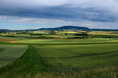 Scenic view of farm against sky