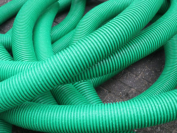 Some green plastic tube rolled up laying on the sidewalk