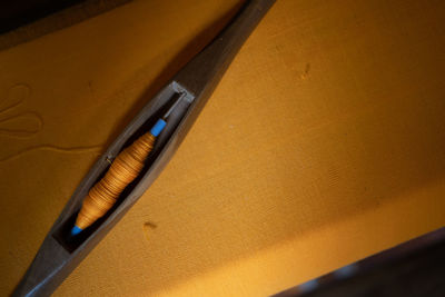 High angle view of equipment on table