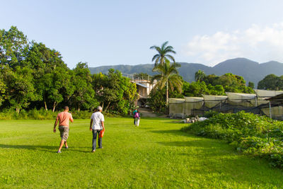 People walking on grassy field