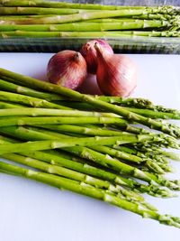 High angle view of vegetables on table