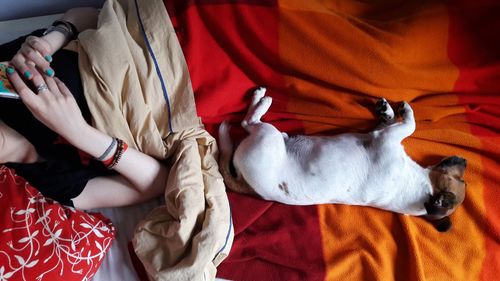 High angle view of people relaxing on bed