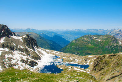 Scenic view of snowcapped mountains against clear blue sky