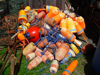 Close-up of multi colored buoys