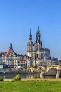 Buildings against clear blue sky