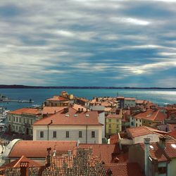 View of cityscape against cloudy sky