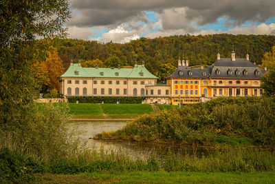 Houses on field against sky