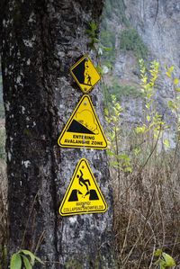 Close-up of road sign against trees