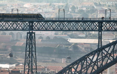 Train on bridge over buildings in city