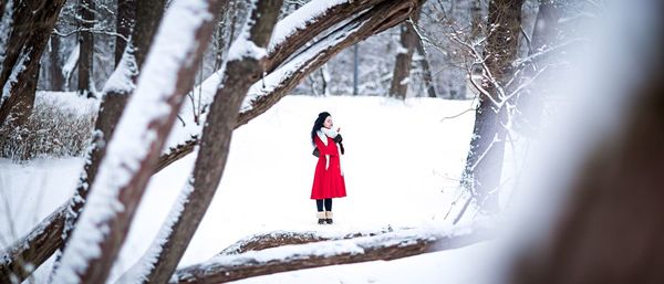 Woman on snow covered landscape