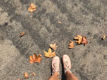 Low section of woman standing on road during autumn