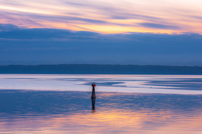 Man standing in sea against sky during sunset