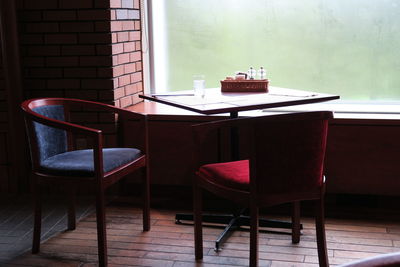 Empty chairs and tables in cafe