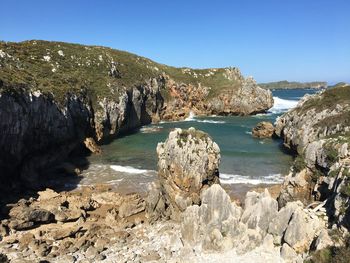 Scenic view of sea against clear blue sky