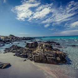 Scenic view of sea against blue sky