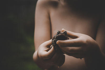 Close-up of woman hand holding leaf against blurred background