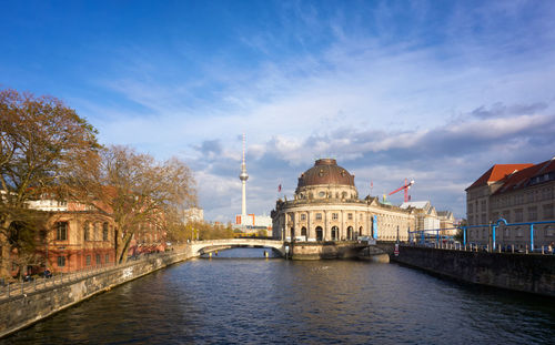 View of buildings by river against cloudy sky