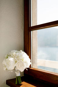 Close-up of white rose on glass window