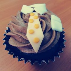 High angle view of cake in plate on table