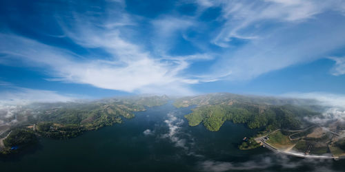 Panorama landscape amazing view mae suai dam or reservoir in a valley and blue sky at chiang rai 