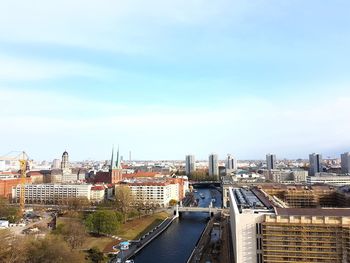 High angle view of buildings against sky