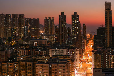 High angle view of cityscape against sky during sunset