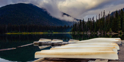 Canoe and boat area on lake in early morning