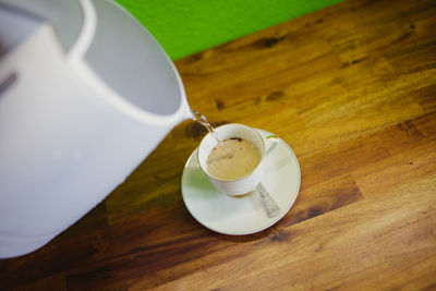 High angle view of coffee on table