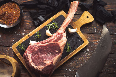 High angle view of meat on table