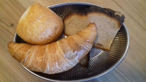 High angle view of bread in plate on table