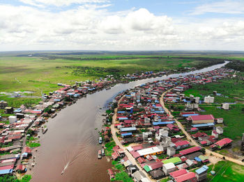 High angle view of crowd on road against sky