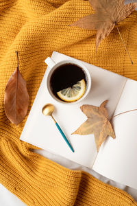 Cozy composition of warm sweater, white book , cup of hot tea and autumn leaves , top view flat lay