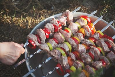 Close-up of person hand holding skewer on container