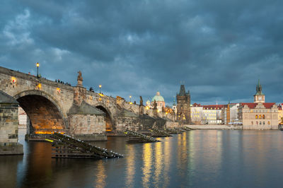 View of bridge over river against cloudy sky