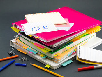 High angle view of multi colored pencils on table