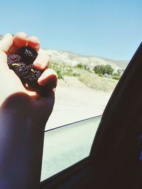 Close-up of hand against sea and clear sky seen through window