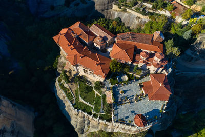 High angle view of old buildings in town