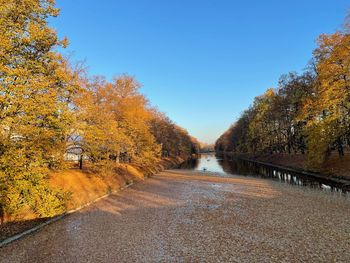 Canal amidst trees against clear sky during autumn