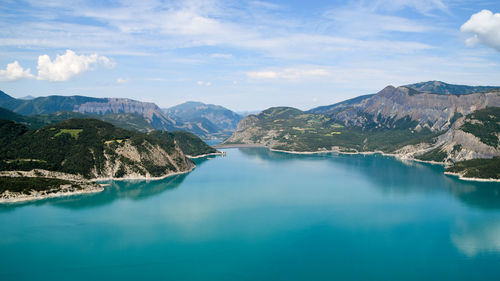 Scenic view of lake and mountains against sky