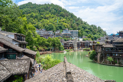 High angle view of buildings in background