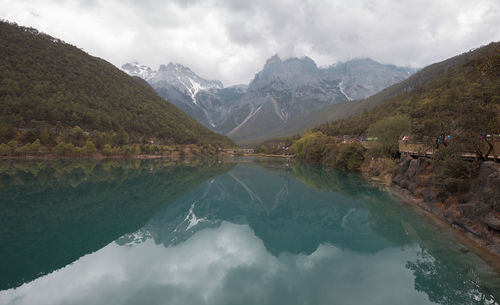 Scenic view of lake and mountains against sky