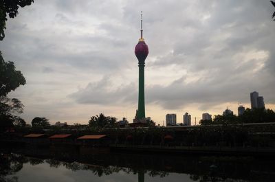 Reflection of buildings in city against cloudy sky