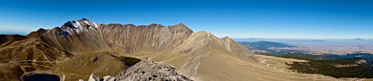 Panoramic view of mountain range against blue sky