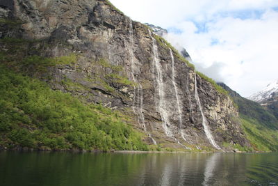 Scenic view of lake by mountain against sky