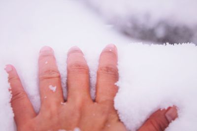 Close-up of human hand on snow