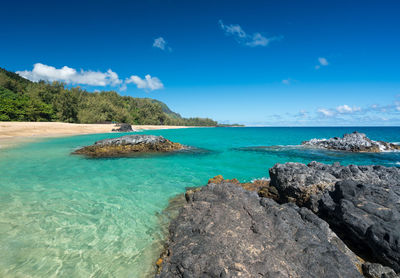 Scenic view of rocks in sea against blue sky