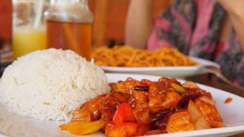 Close-up of meal served on table