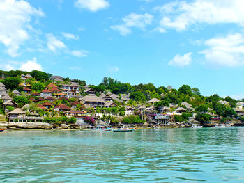 Scenic view of river by buildings against sky