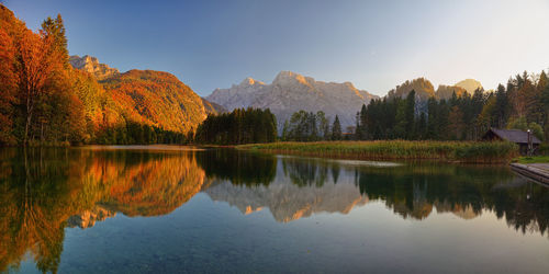 Scenic view of lake by trees against sky